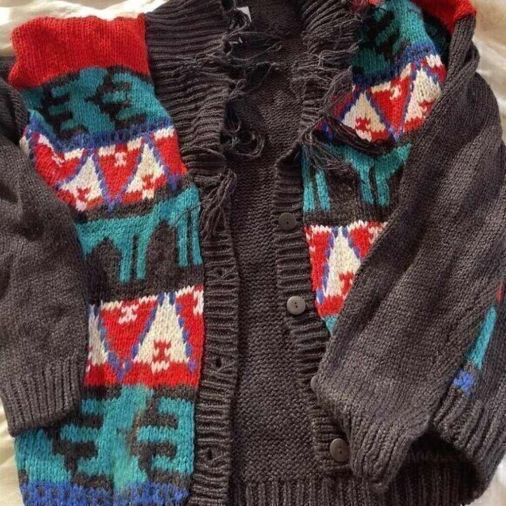 Vintage Casual Corner Cardigan Women's Native American Green Black Hand Knitted